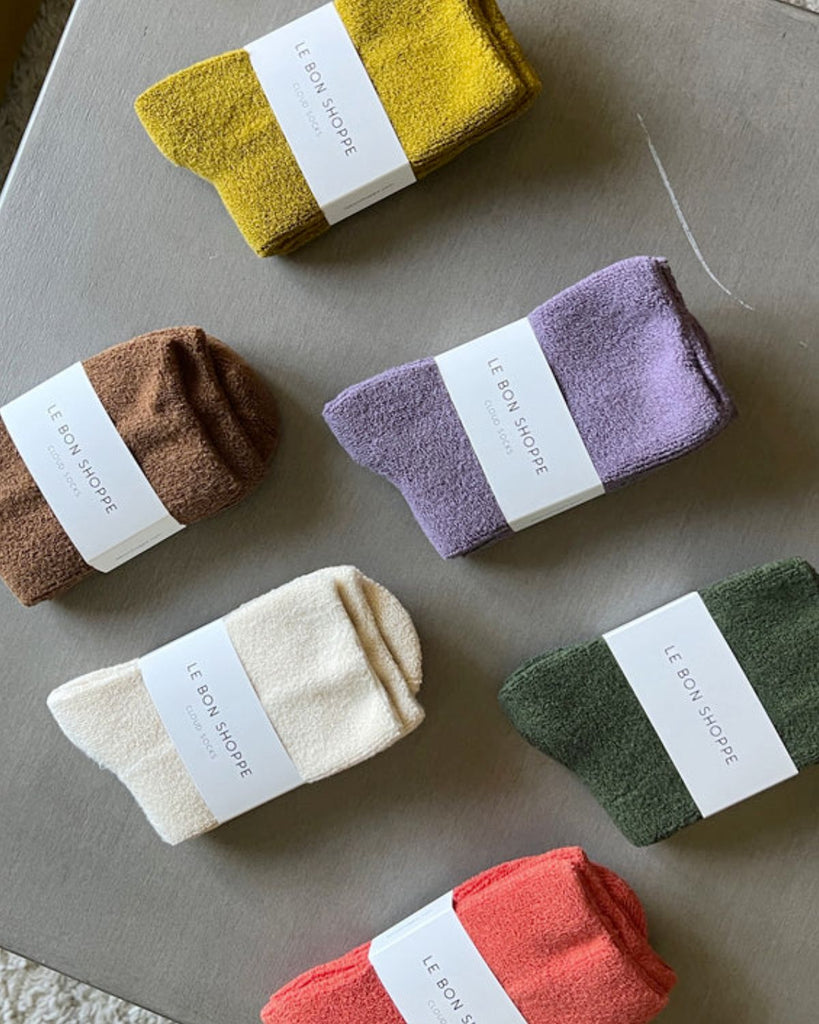 6 different colors of the Le Bon Shoppe Cloud Socks 