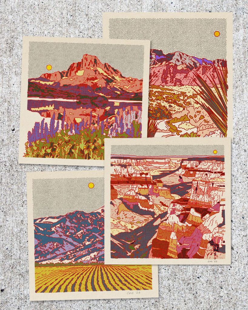 Four artist designed postcards showing various scenes of mountain landscapes. 