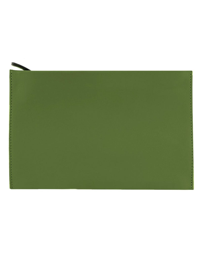 Handmade leather pouch. A rectangle shape with zipper closure. Olive green leather and stitching. The pouch is shown on a white surface.