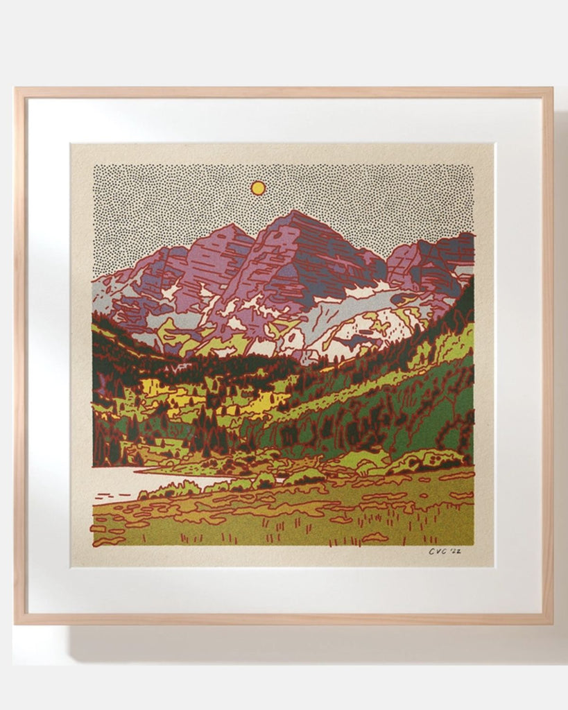 The print is shown in a square frame with wooden edges.