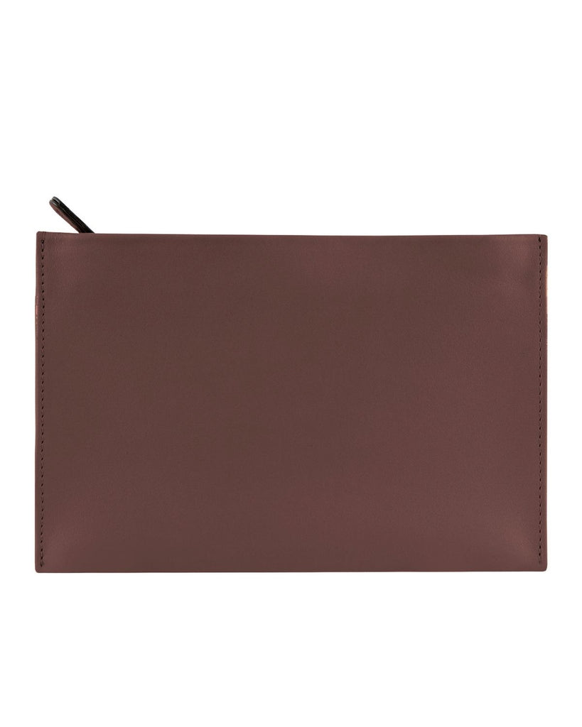 Handmade leather pouch. A rectangle shape with zipper closure. Rich brown leather and stitching. The pouch is shown against a white background. 