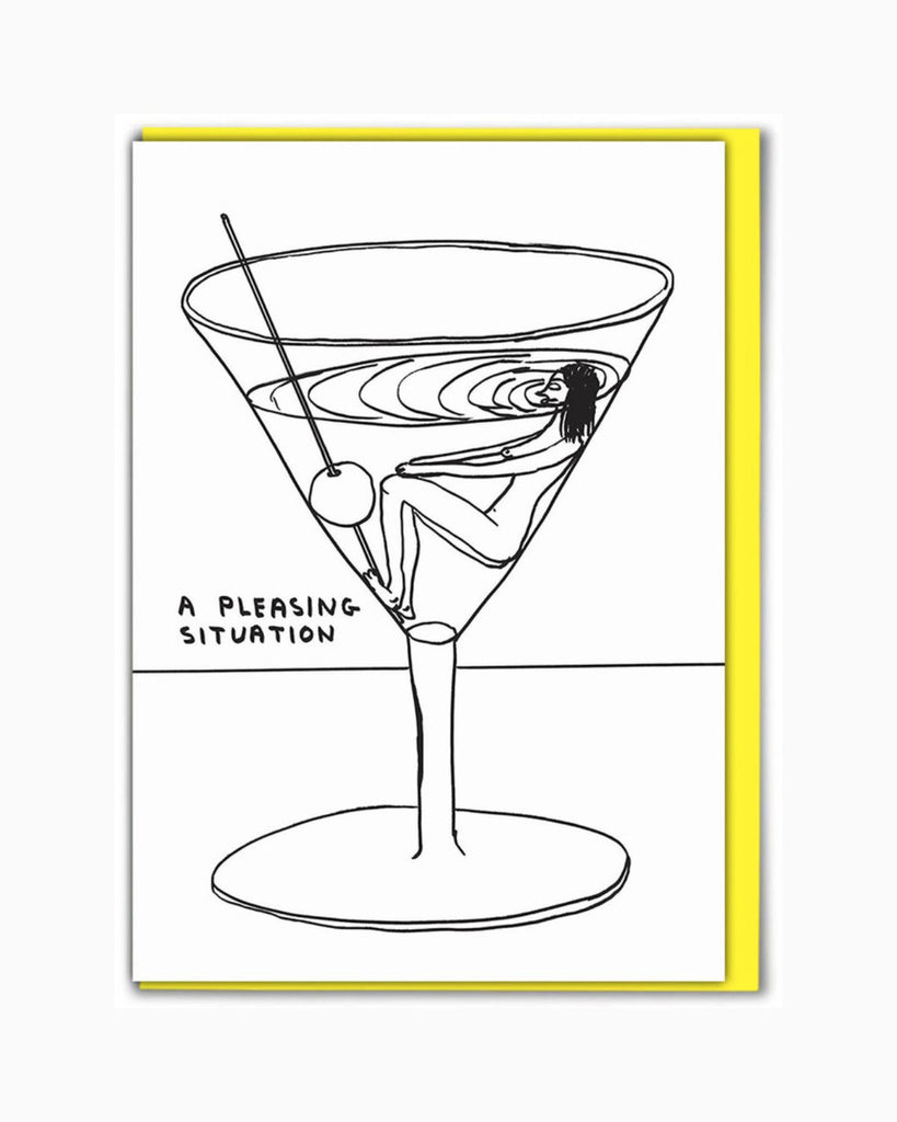 Artist designed card by David Shrigley. The card has a black and white drawing of a female figure submerged in a big martini glass. Handwritten text beside it on the left reads 'A pleasing situation'. 
