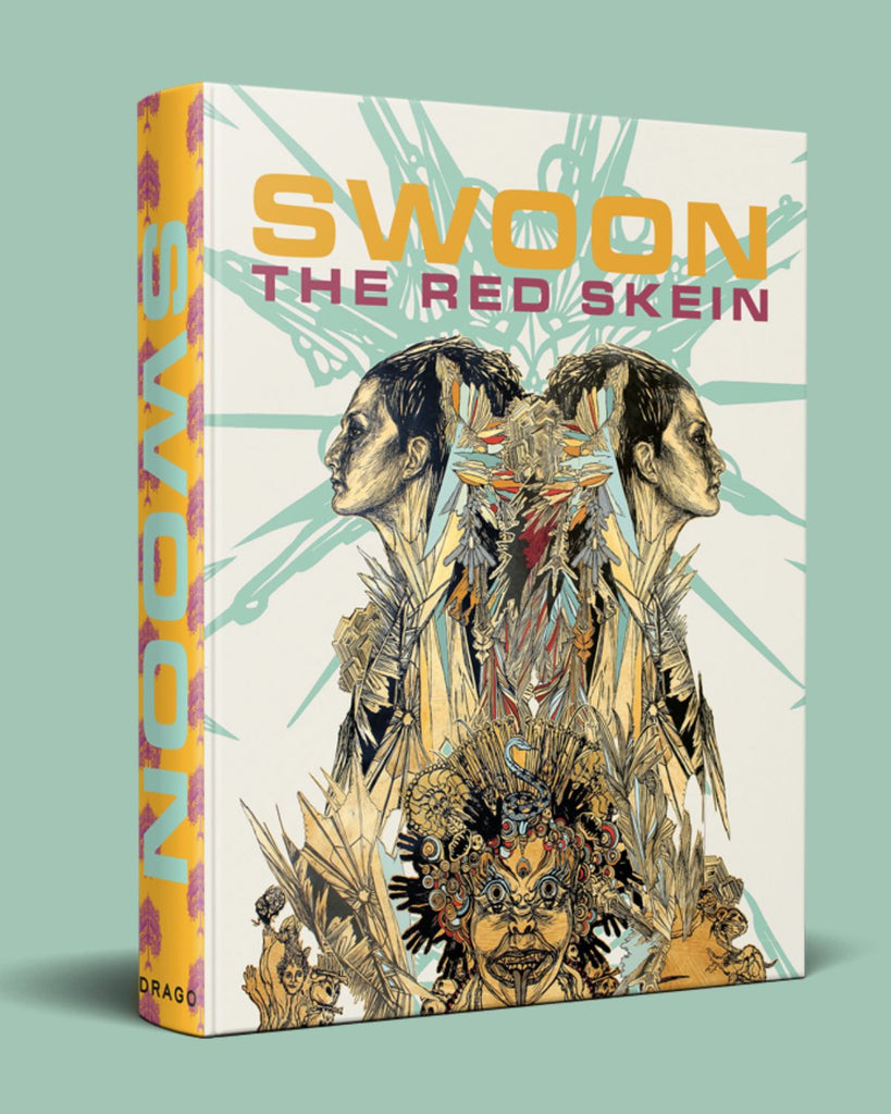 Swoon, The Red Skein book on a mint green background. The book cover is white with yellow and pink text. A large illustration of figures and creatures takes up most of the book cover.