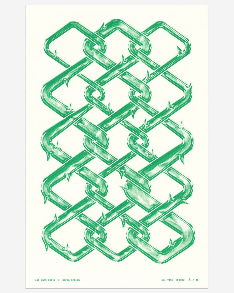 Artist print against a white surface. The artwork is a pattern of a chain-link fence but made of green thorn-like or barbed wire. The green color has shading to imply a metallic look.