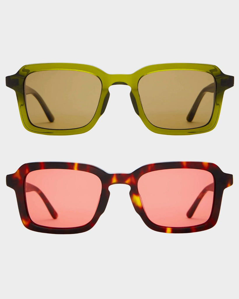 Both colorways of the Heavy Tropix Sunglasses. The Olive is on top and the rose color is on the bottom. 