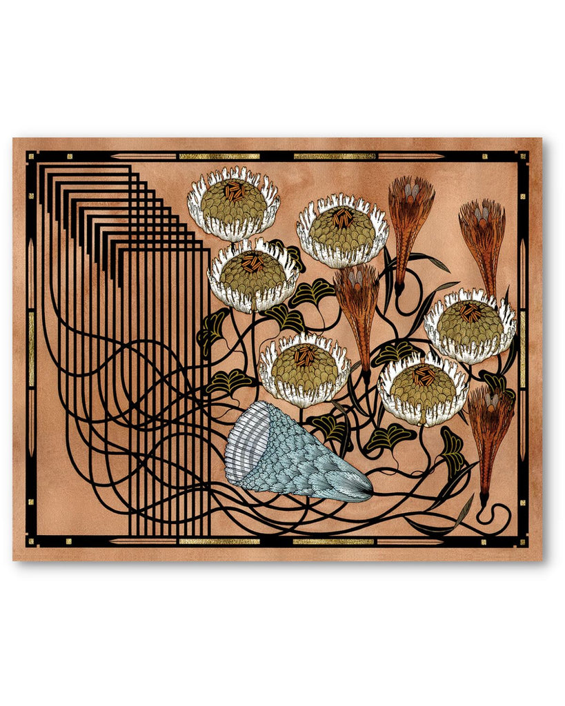 Art print has a washed brown background and a black and gold border. Black lines form a geometric shape on the left and flowers are on the right. There are 3 types of flowers, white and yellow ones, red/orange ones, and a blue hallow one. All of the flowers are abstracted and otherworldly. 