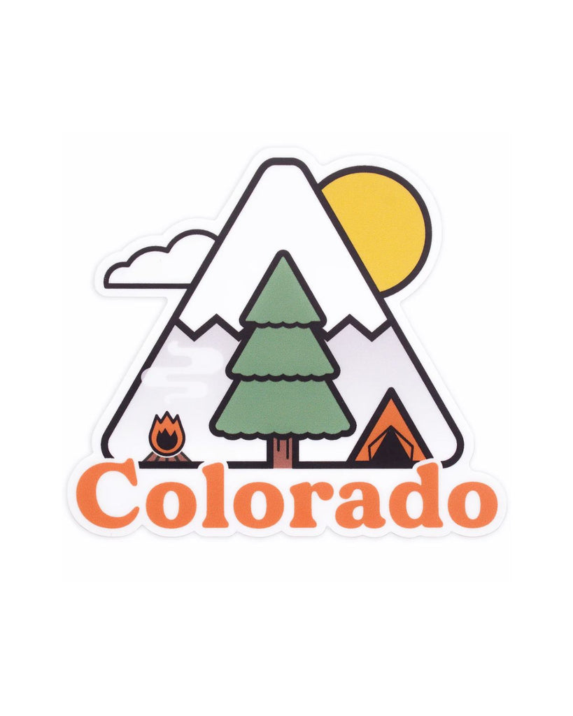 Colorado Camping Sticker is made right here in Denver! The sticker is in the shape of a mountain with a cloud on the left and a sun on the right side of the mountain. Inside the mountain shape is an evergreen tree with a tent on the right and a campfire on the left. Below the scene in orange letters read 'Colorado'. 