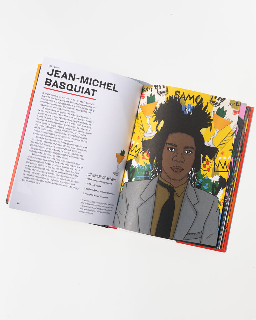 The book opened to reveal a page on Basquiat. The artist is shown on the right and text about the artist and the cocktail recipe is on the left. 